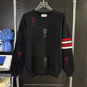 Thom Browne Black Crewneck Sweater with Red and White Details